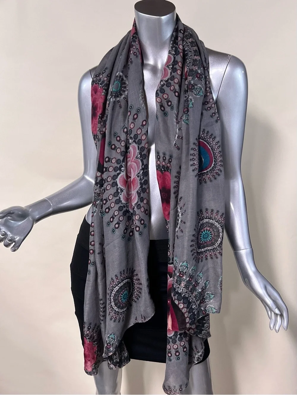 Long Large Scarf Geometric Colorful Boho Floral Print Soft Grey 32”x70”